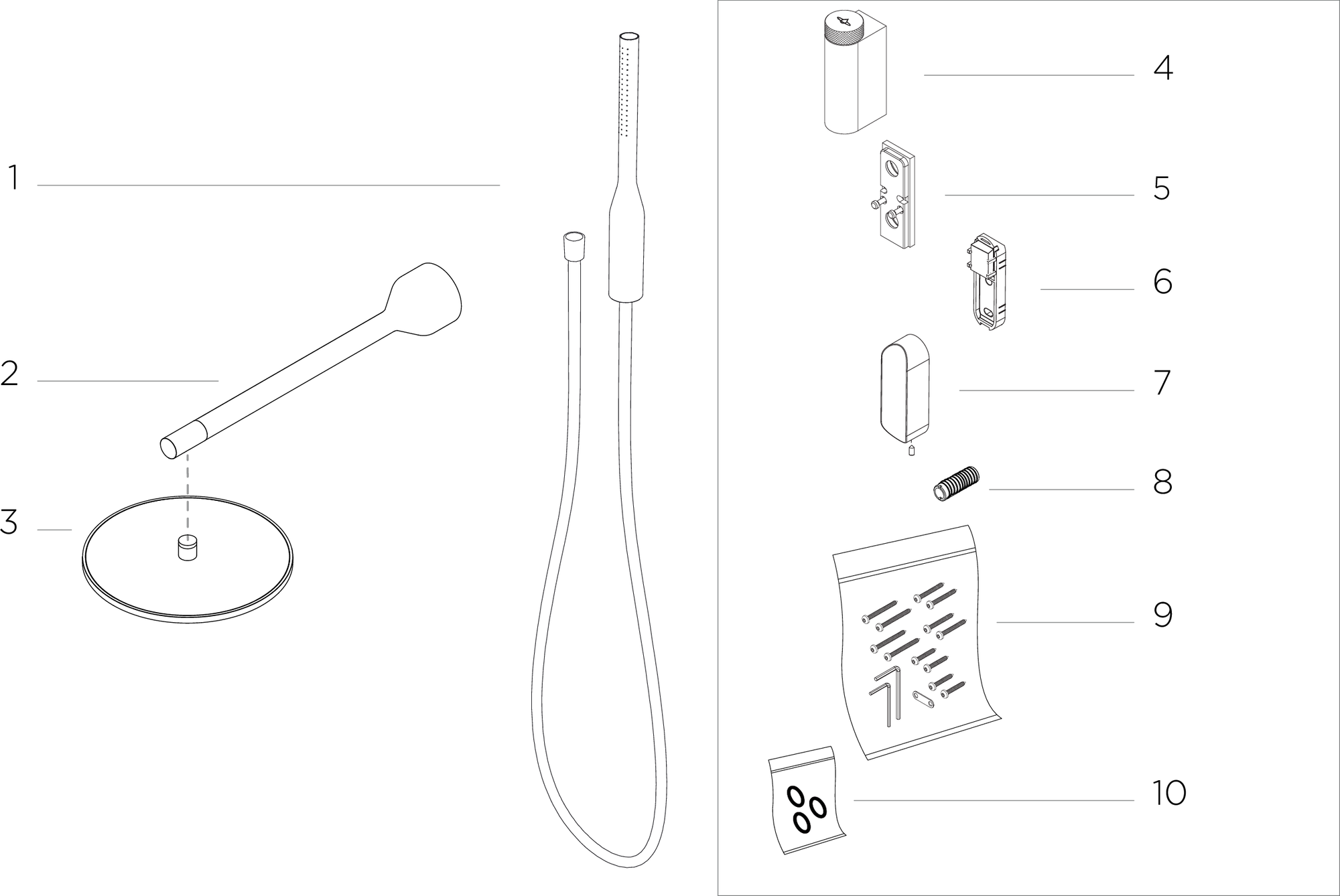 Aperçu des composants, kit système – Pommeaux de douche noirs ou blancs et inverseur